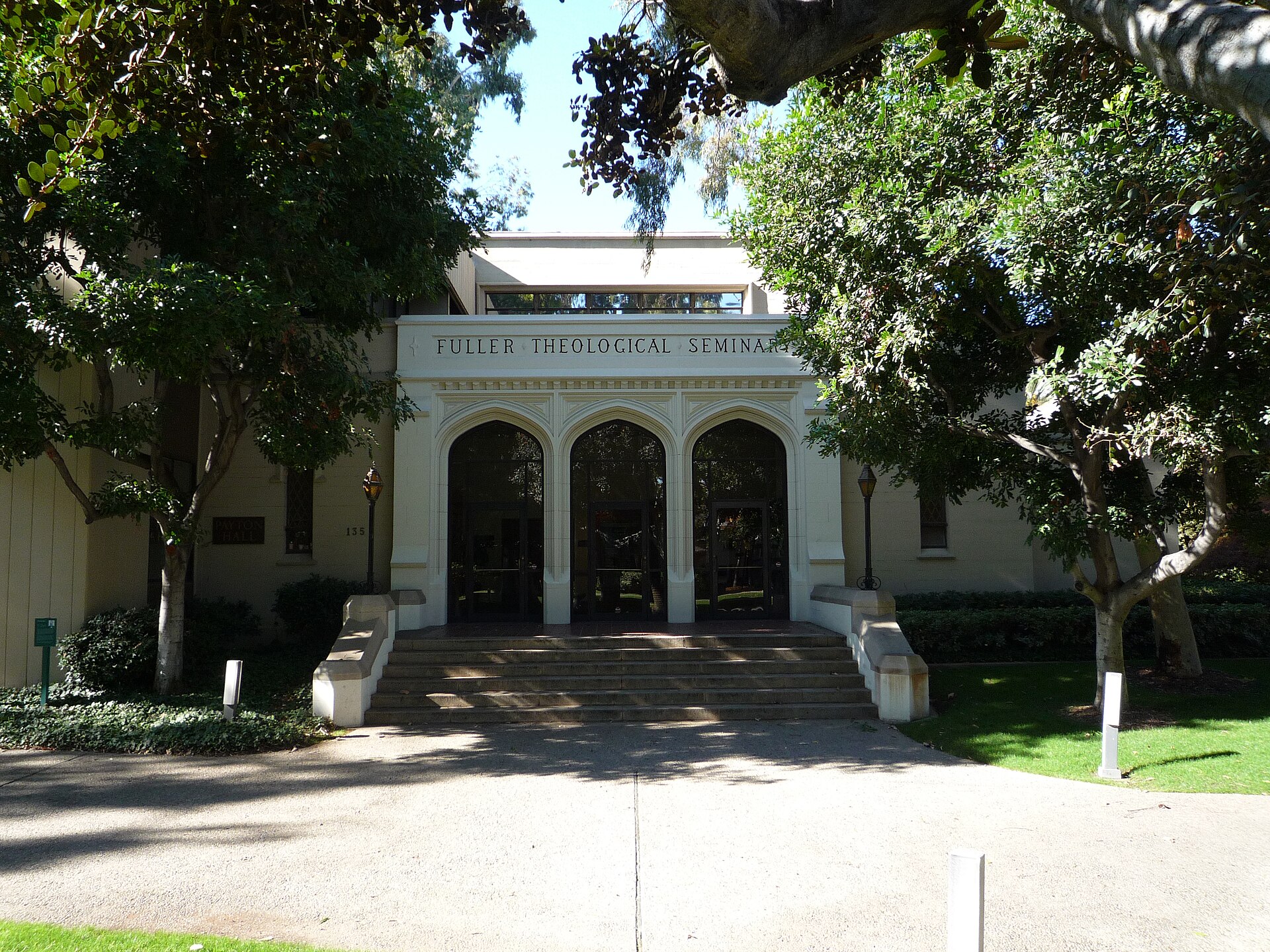 A multistory institutional building, Payton Hall, on the campus of Fuller Theological Seminary in Pasadena, California, seen from outside