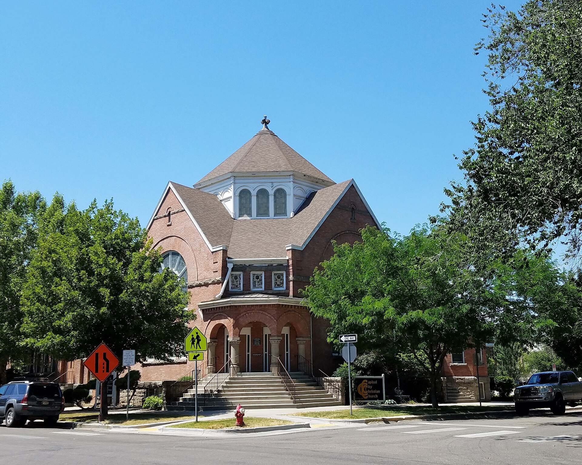 Exterior of the Central Christian Church building in Boise, Idaho, seen from the street