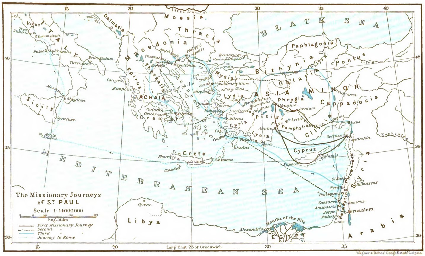 Old printed color map of the eastern Mediterranean with colored lines tracing sea and land routes between cities from Jerusalem and Antioch to Greece and Rome