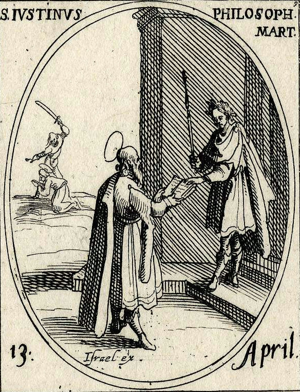 An etching of a bearded man in a robe presenting an open book to a seated Roman emperor wearing a crown