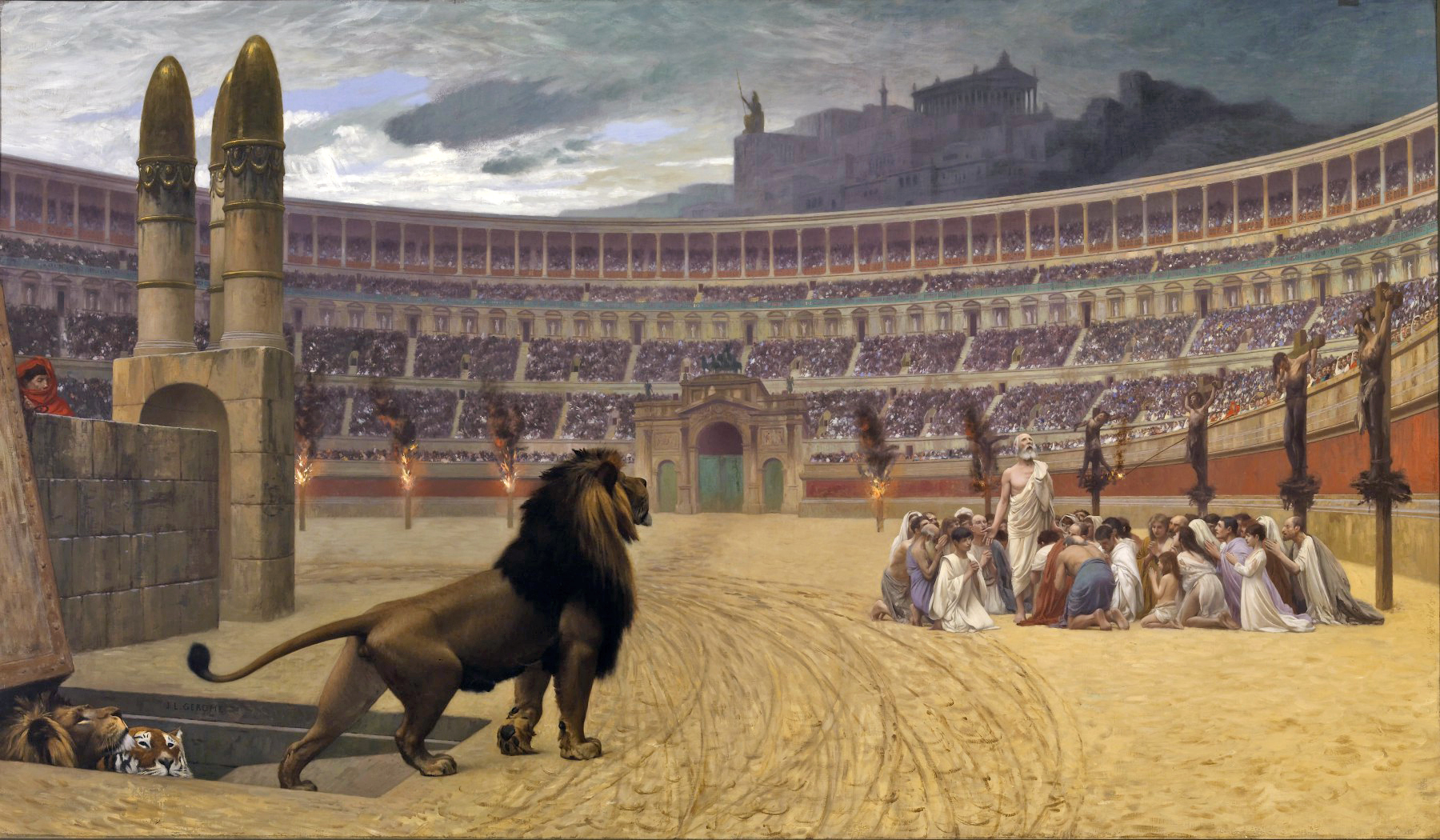 A painting of a group of Christians praying together on the sand of a vast Roman arena while a lion emerges from a trapdoor and crowds fill the stands, with burning figures on crosses at the edge