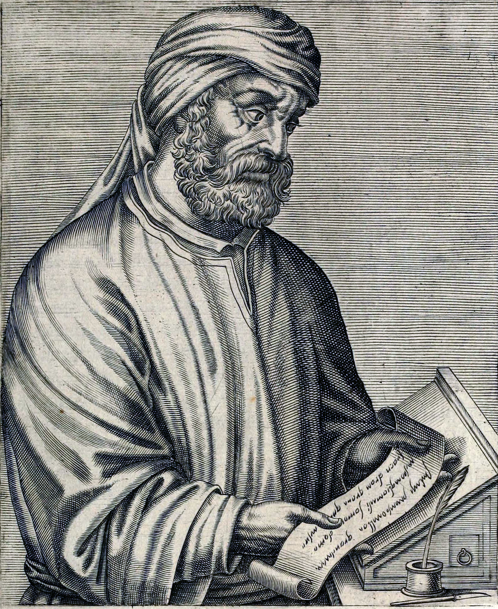 Engraved portrait of a bearded man in a robe and a soft cap, framed in an oval with a Latin inscription