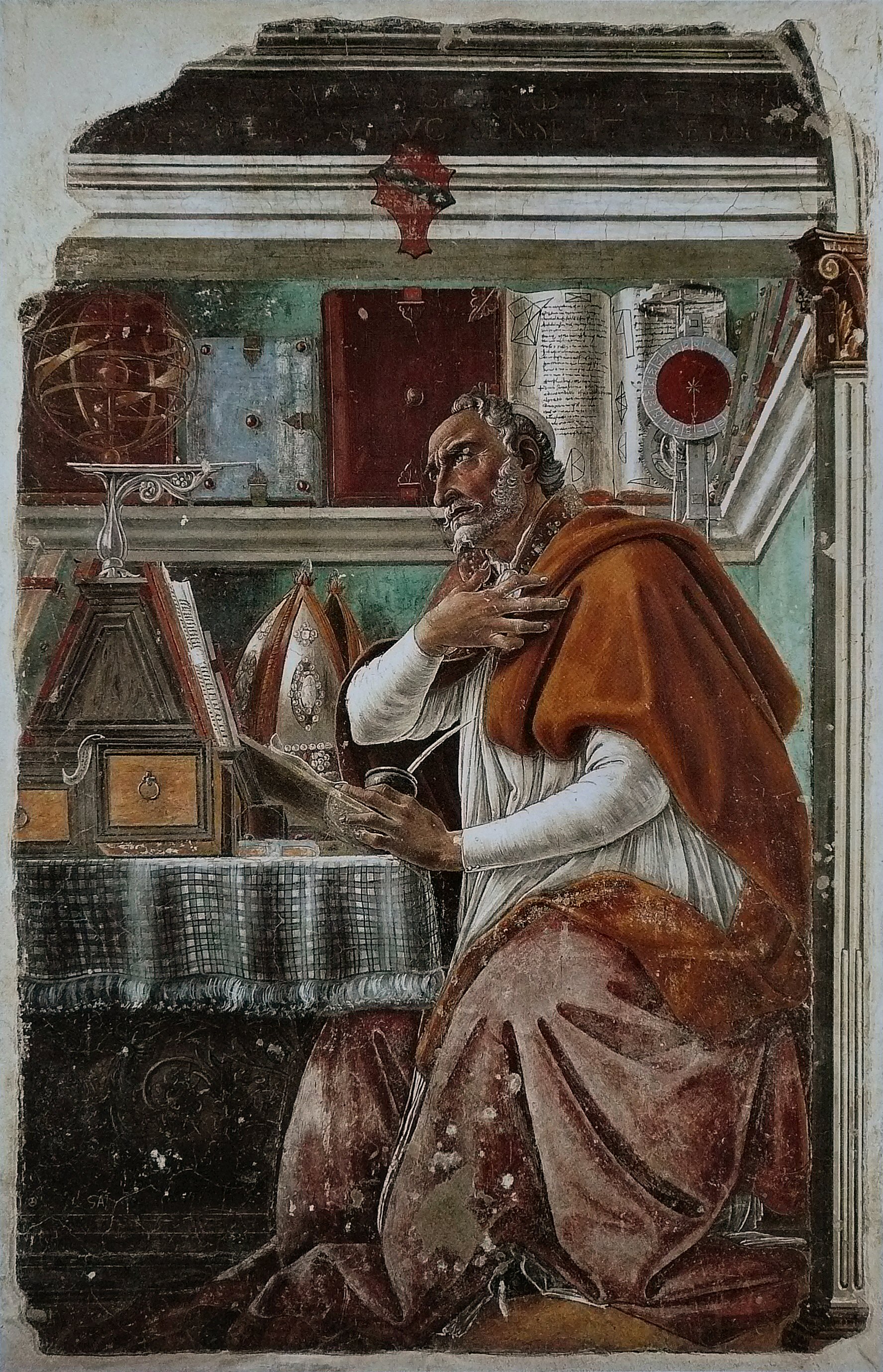 Fresco of a bearded man in a bishop's cope seated at a desk, one hand on his chest, looking upward, with books, a clock and an armillary sphere on the shelves around him