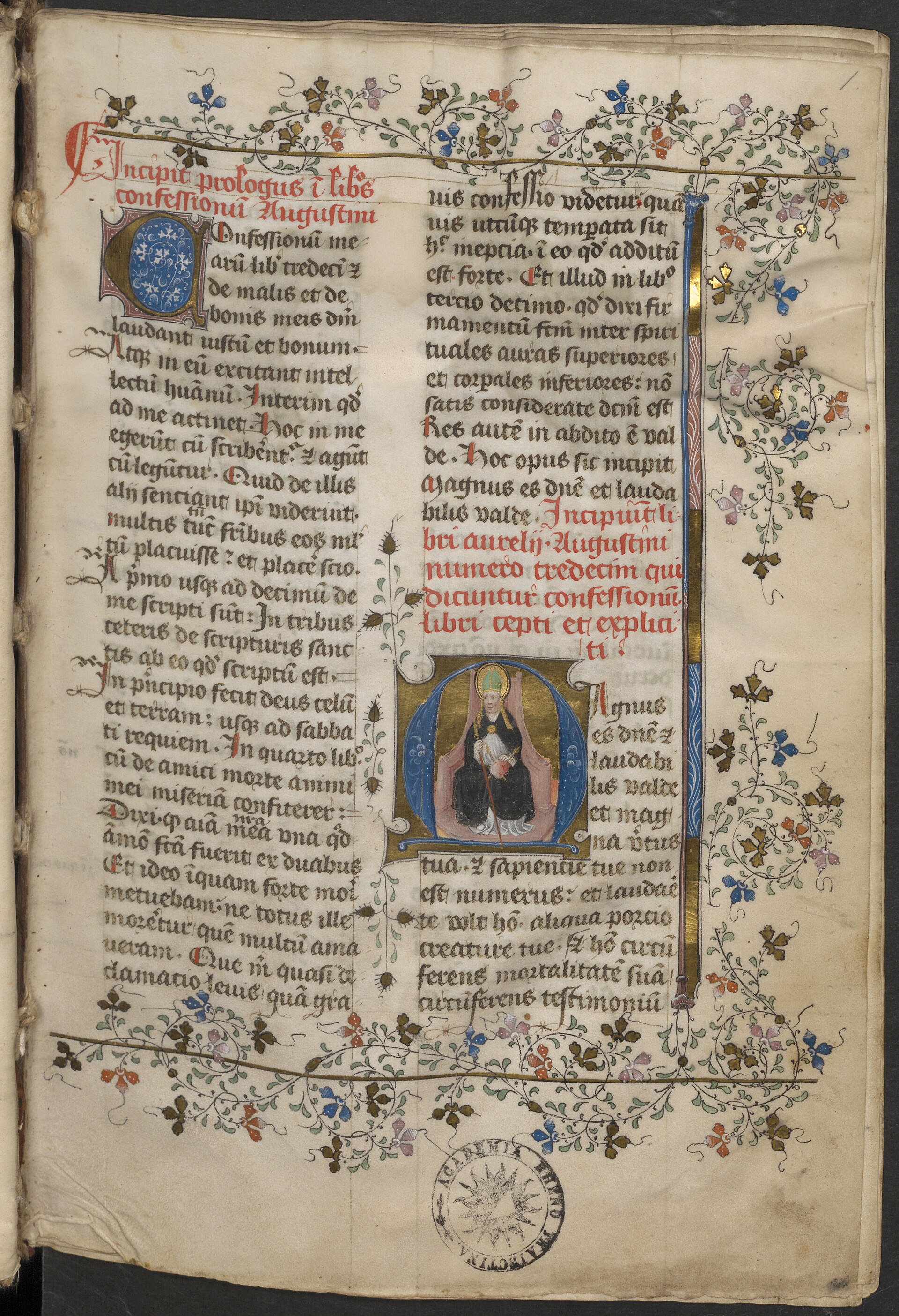 A decorated manuscript page with a painted miniature of Augustine as a bishop seated on a throne holding a heart pierced by arrows, above handwritten Latin text with an ornamented border