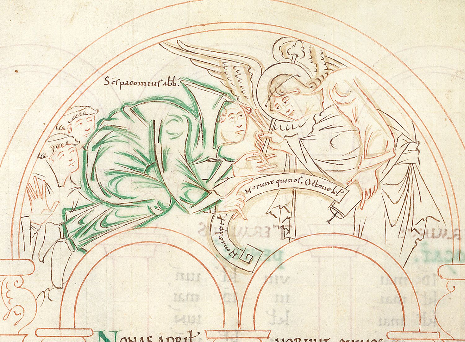 Medieval manuscript painting of an angel giving tablets to the monk Pachomius