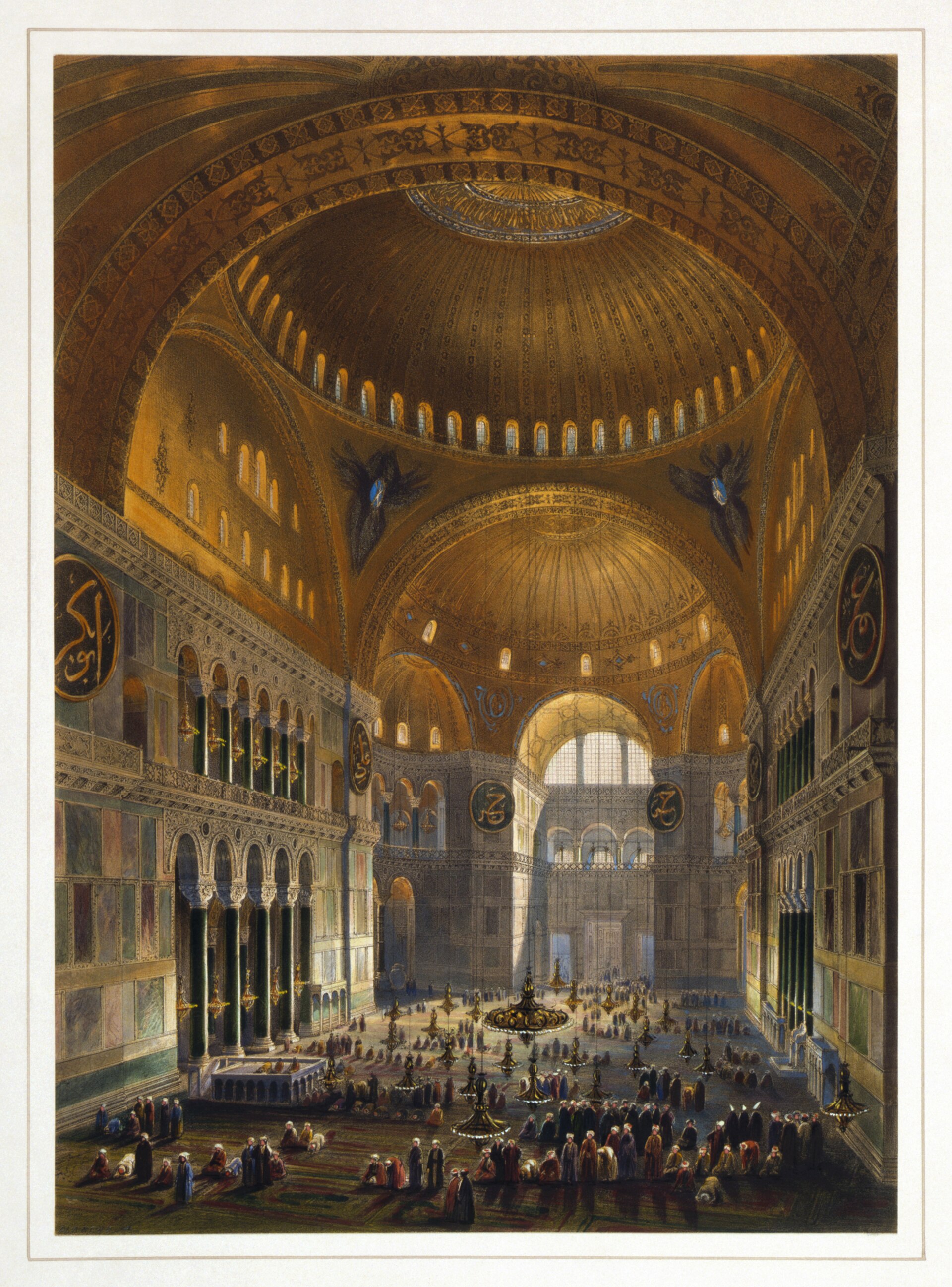 A colored nineteenth-century print of the vast interior of Hagia Sophia, with tall arches, a great dome, hanging lamps, large round panels with Arabic calligraphy and small worshippers on the floor