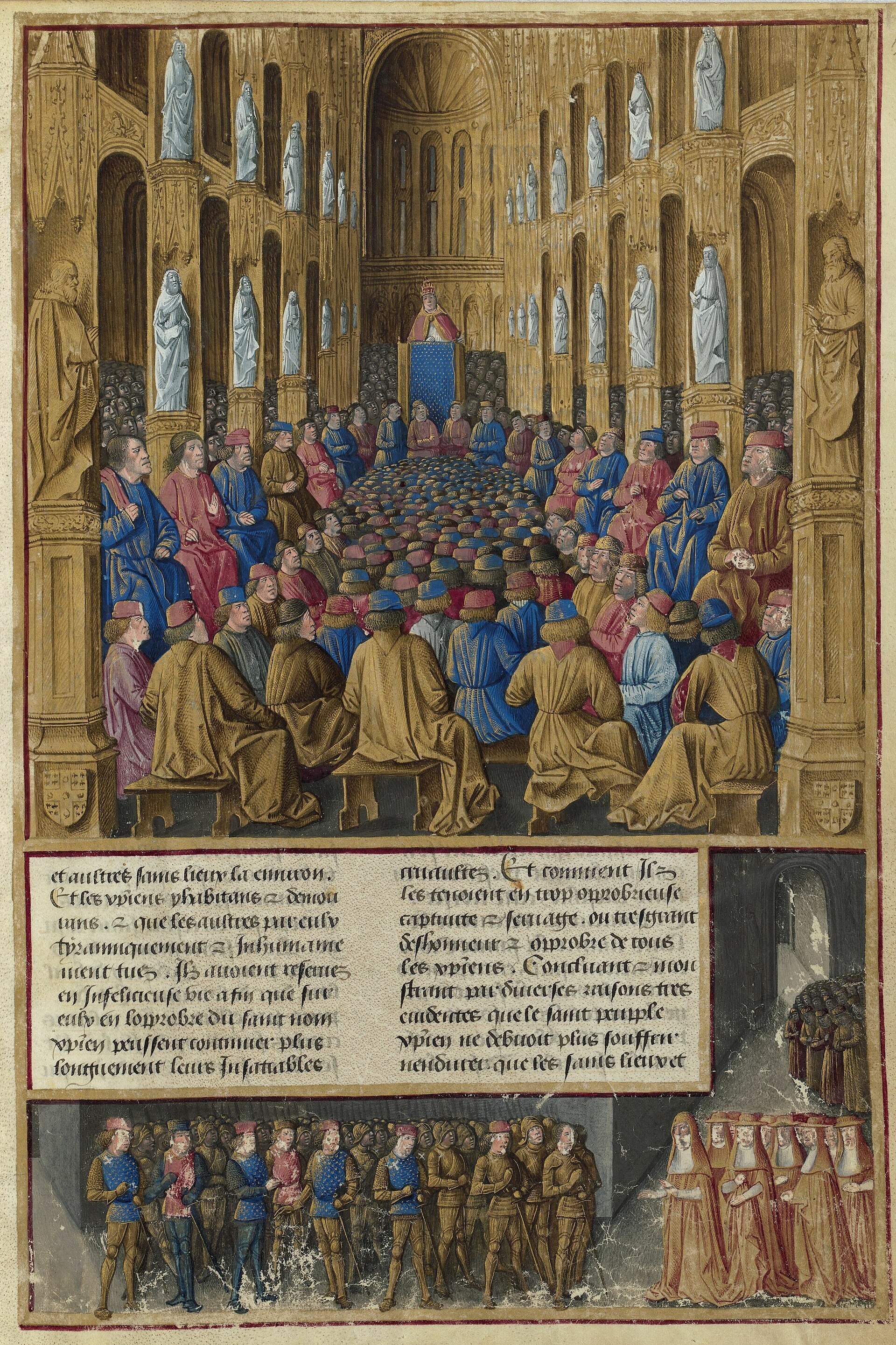 A late medieval painted manuscript page showing a pope in a tall tiara preaching from a platform to a crowd of bishops, knights and townspeople in front of a town
