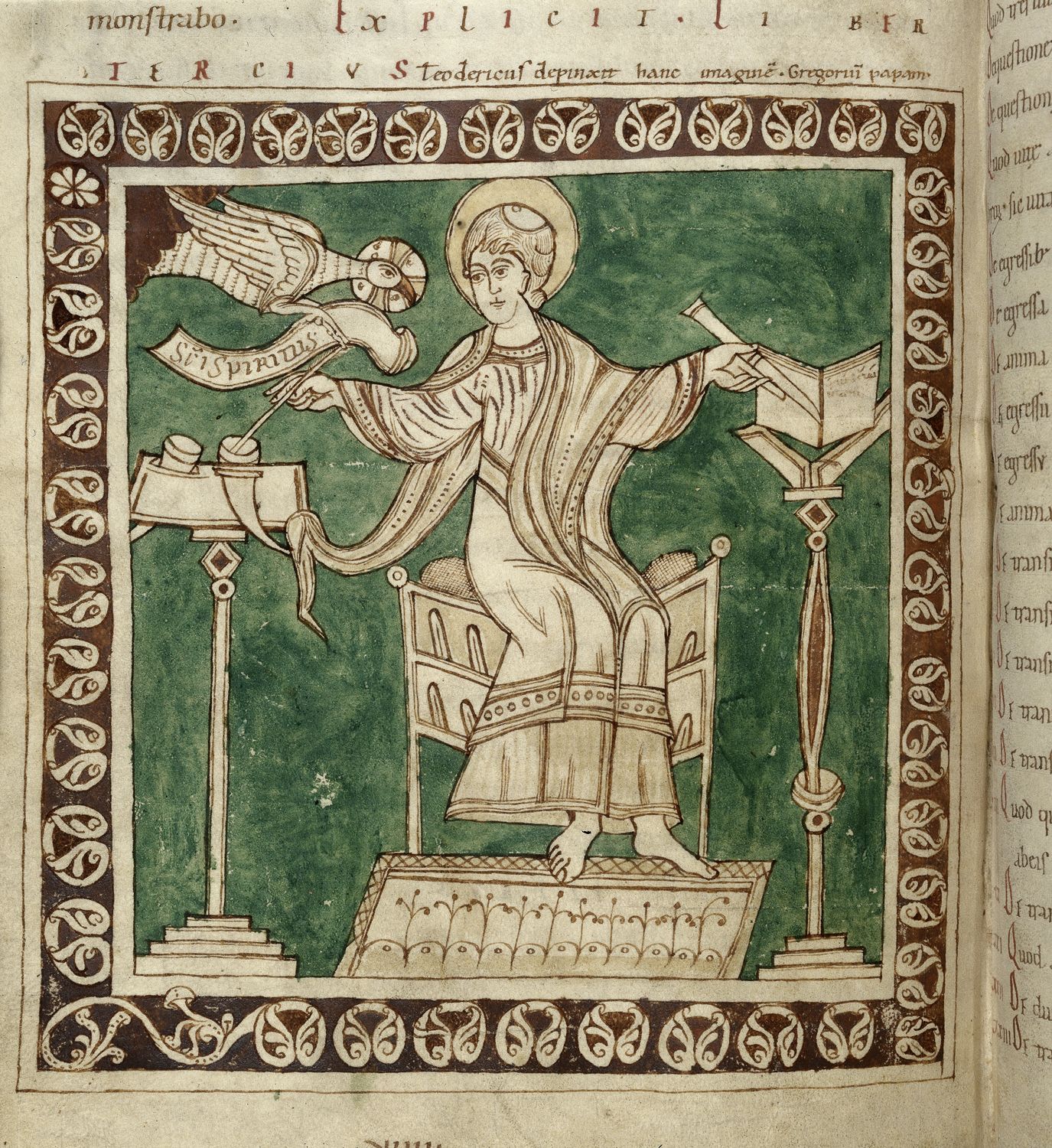 Medieval miniature of Pope Gregory the Great writing, with a dove representing the Holy Spirit