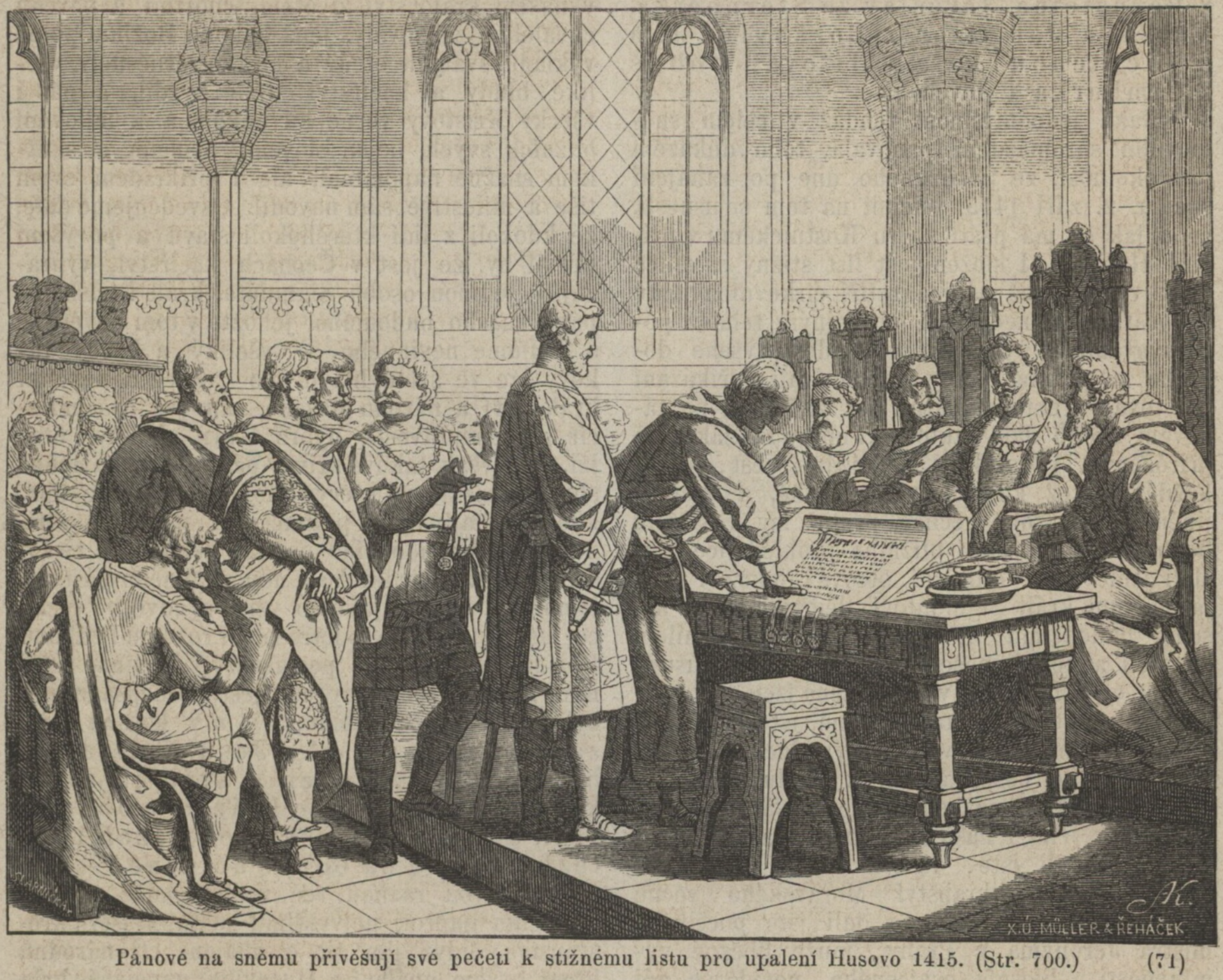 A nineteenth-century illustration of noblemen in medieval dress gathered around a table, one pressing a seal onto a large document