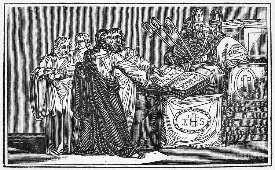 An engraved scene of a group of plainly dressed men standing before a seated pope and robed clergy in a large hall