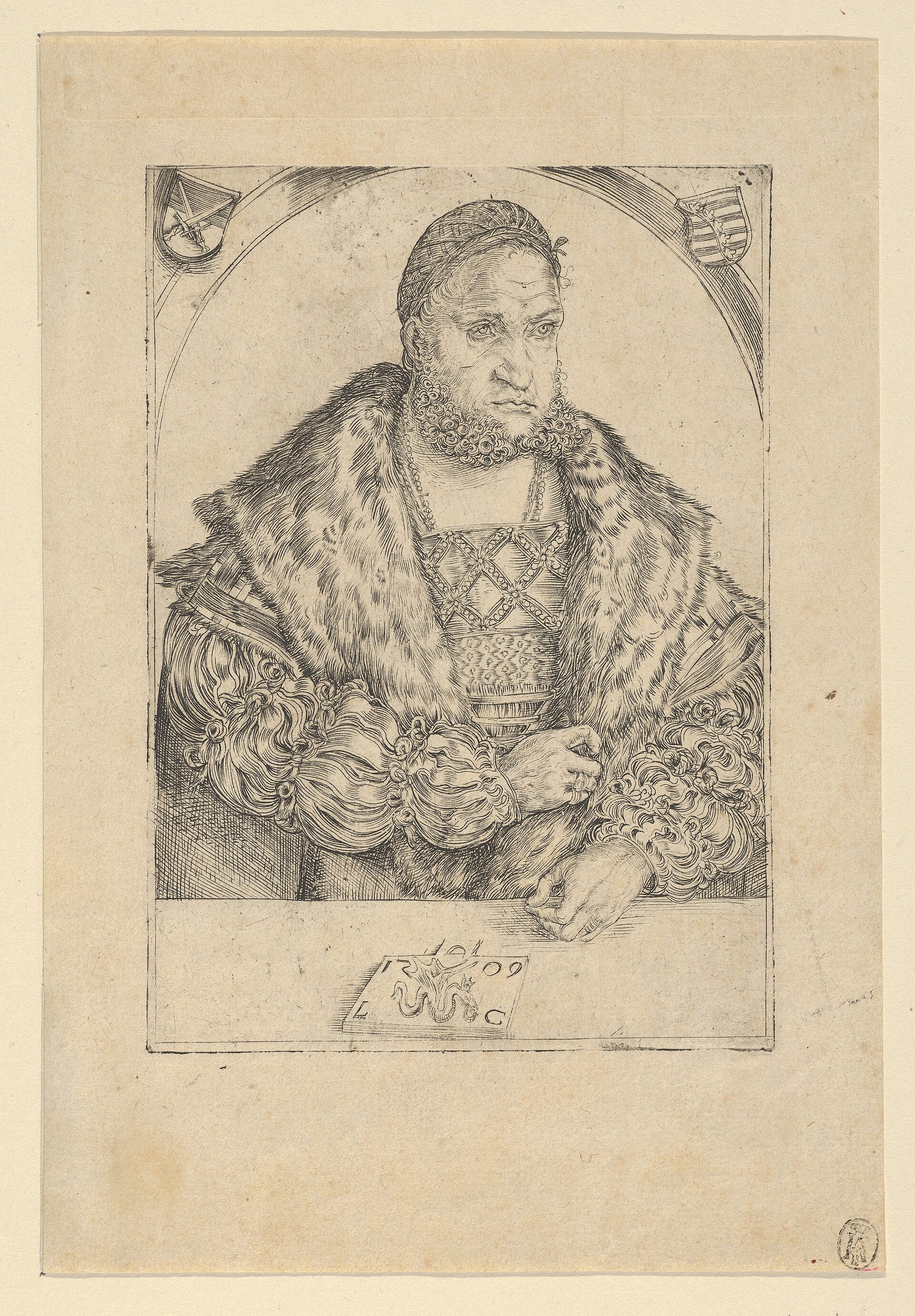 Engraved half-length portrait of a heavy-set bearded man in a fur-trimmed coat and a soft cap, facing left, with coats of arms in the upper corners