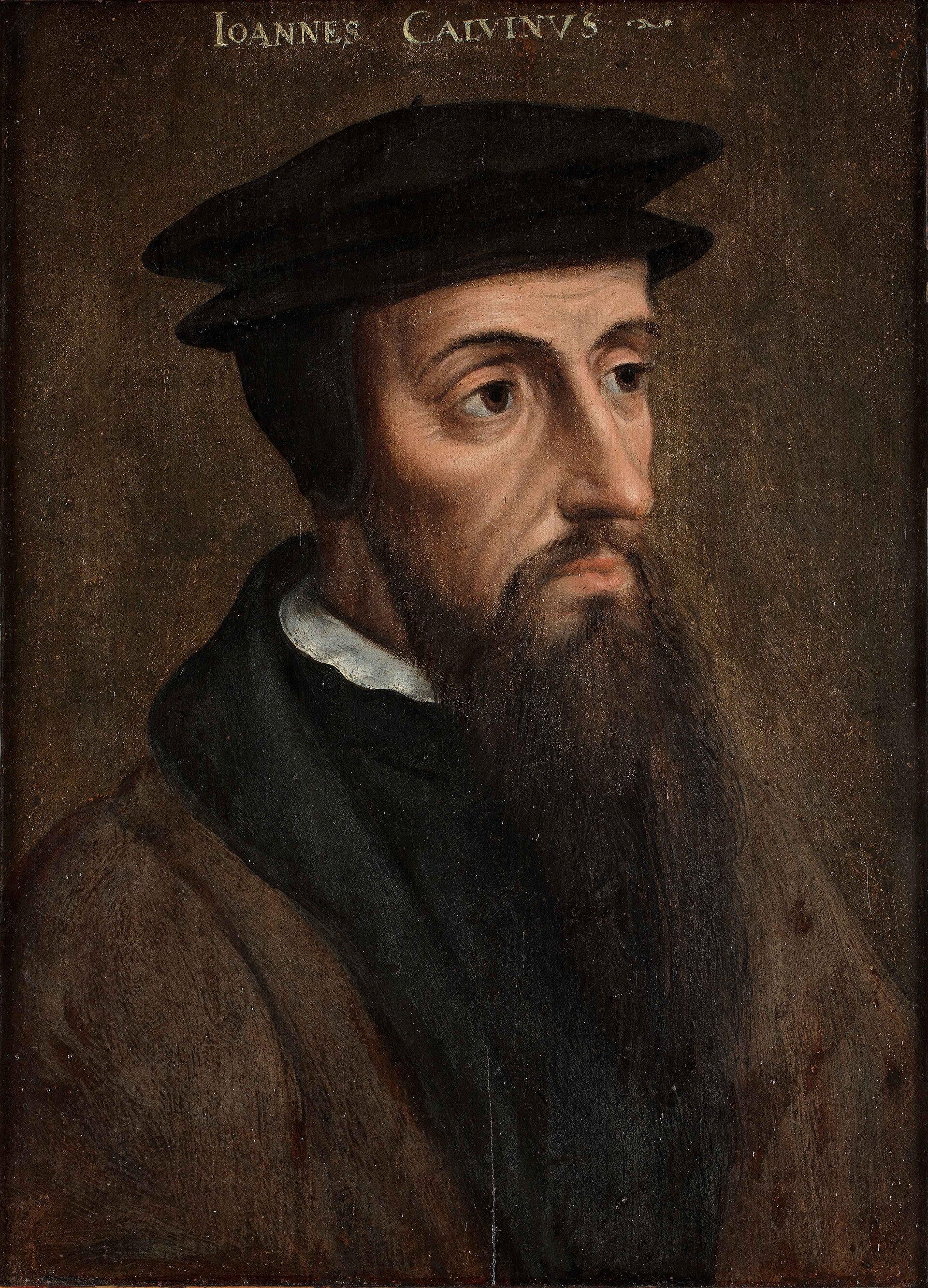 Painted half-length portrait of a thin bearded man in a black cap and black robe with a fur collar, against a dark background
