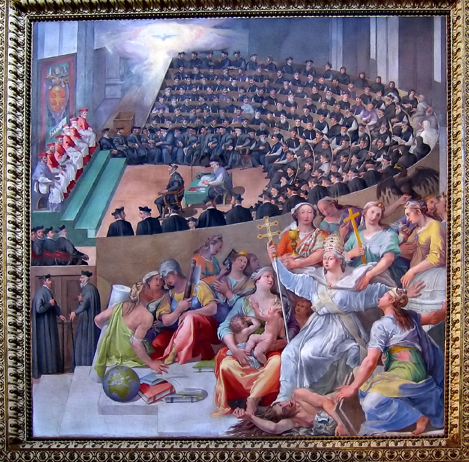 Painting of a crowded assembly of bishops in white miters seated in tiers in a great hall, with a central figure of the Church and allegorical figures in the foreground