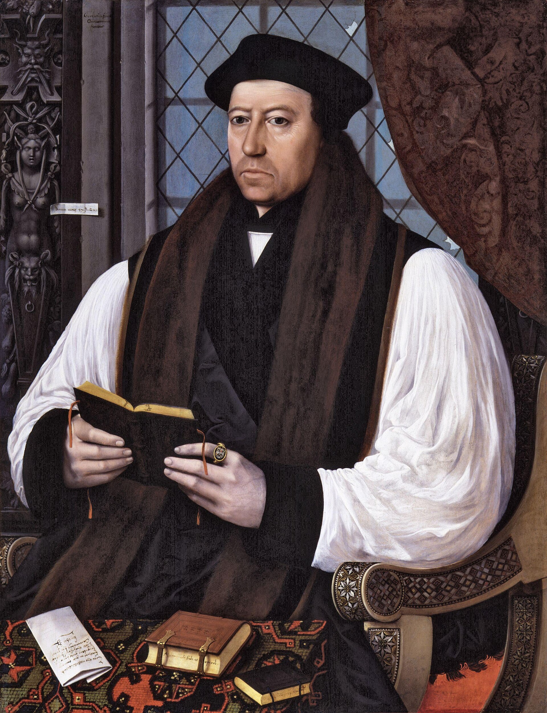 Painted portrait of a clean-shaven older man in a black cap and white clerical robes with black sleeves, holding a book, seated by a window