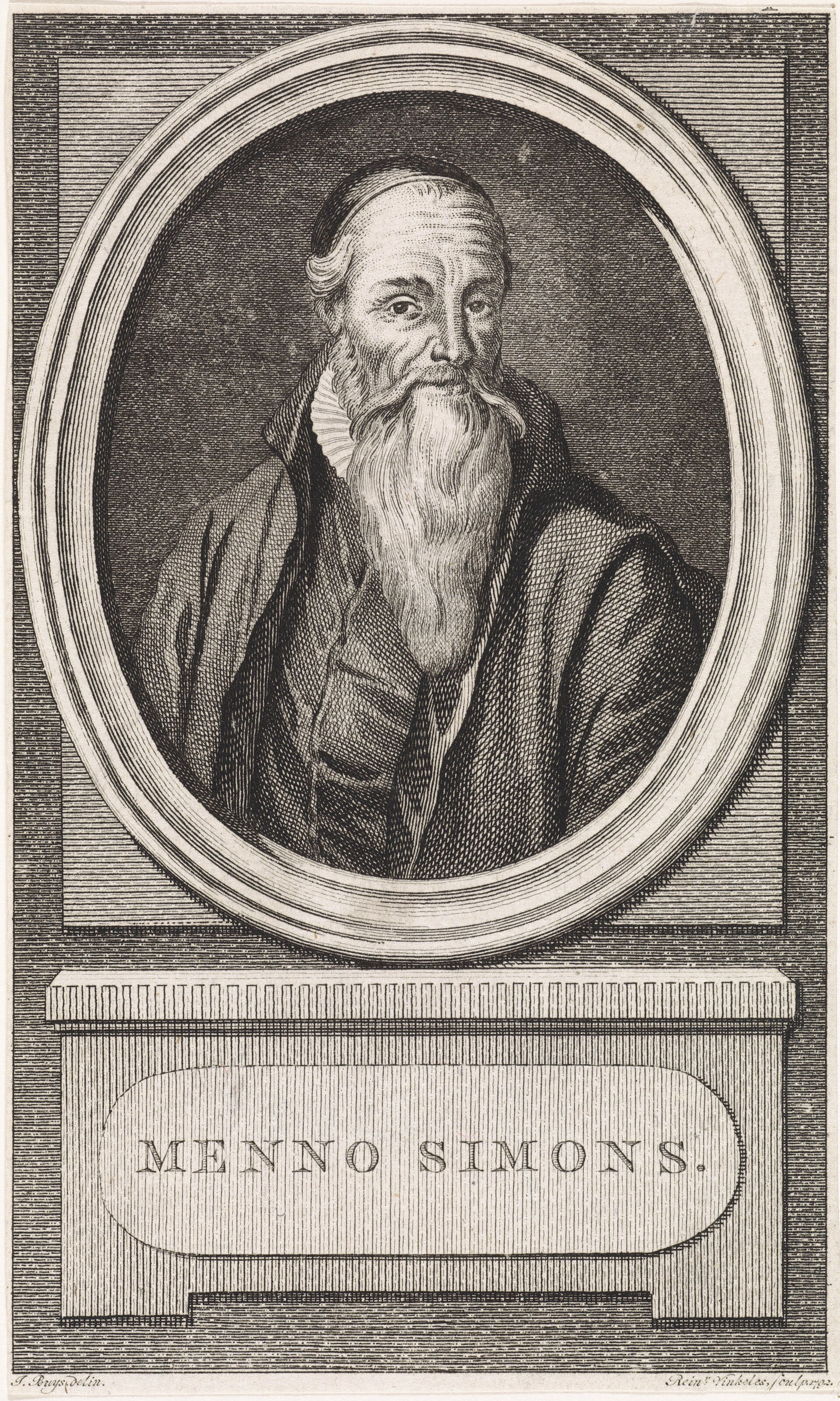 Engraved oval portrait of an elderly bearded man in a skullcap and dark coat, framed by a stone border with an inscription below