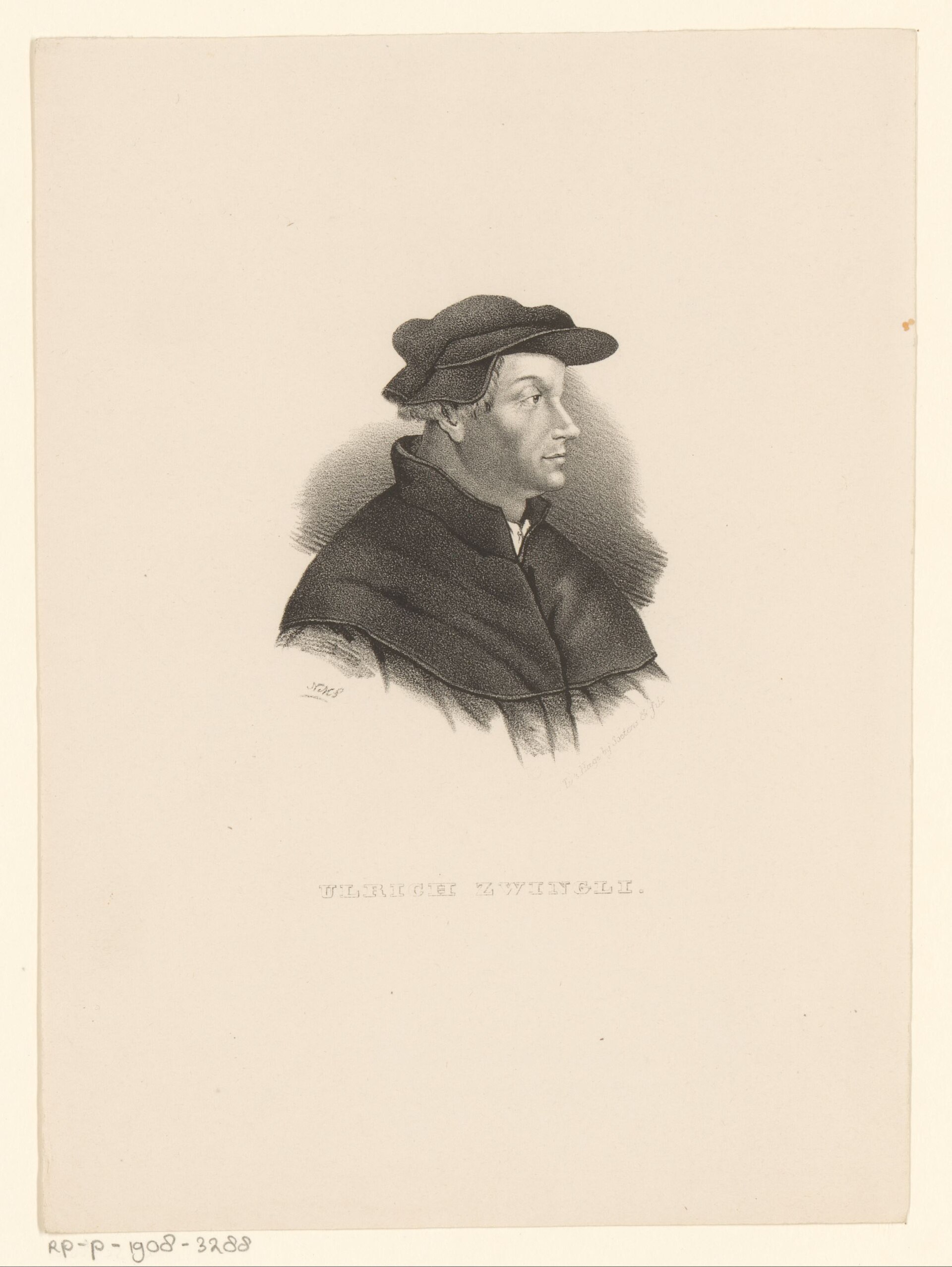 Engraved half-length portrait of a man in a flat cap and dark gown, facing left, holding a book