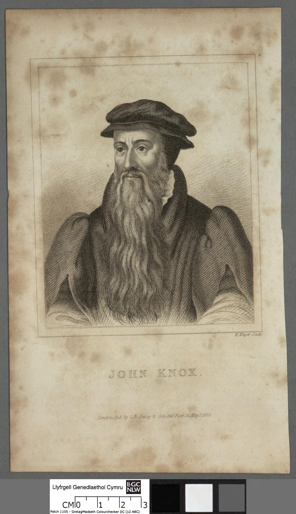 Engraved portrait of a bearded man in a dark cap and black gown, his long beard reaching his chest, holding a book