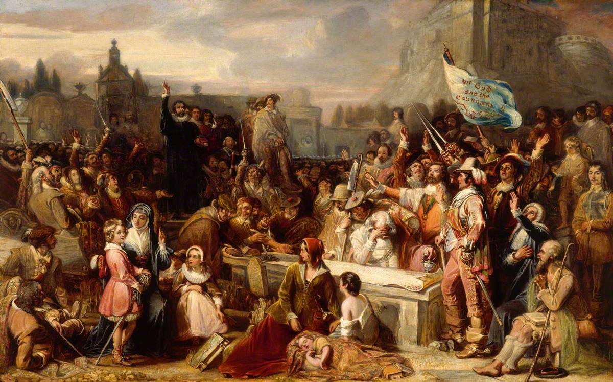 Painting of a crowd in seventeenth century dress gathered around a flat gravestone in a churchyard where a man signs a large document, with a church and the Edinburgh skyline behind