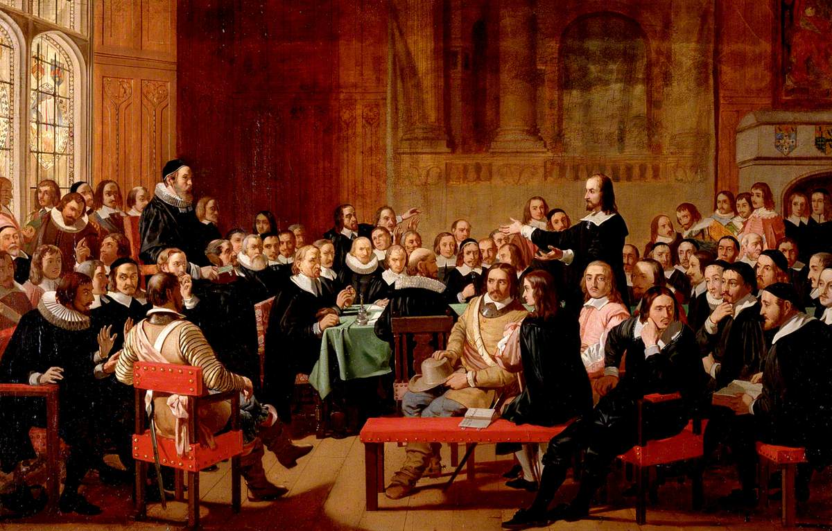 Painting of a crowded hall with a high Gothic window where men in dark seventeenth century clothes and skullcaps sit on benches while one man stands and speaks, others leaning forward to listen