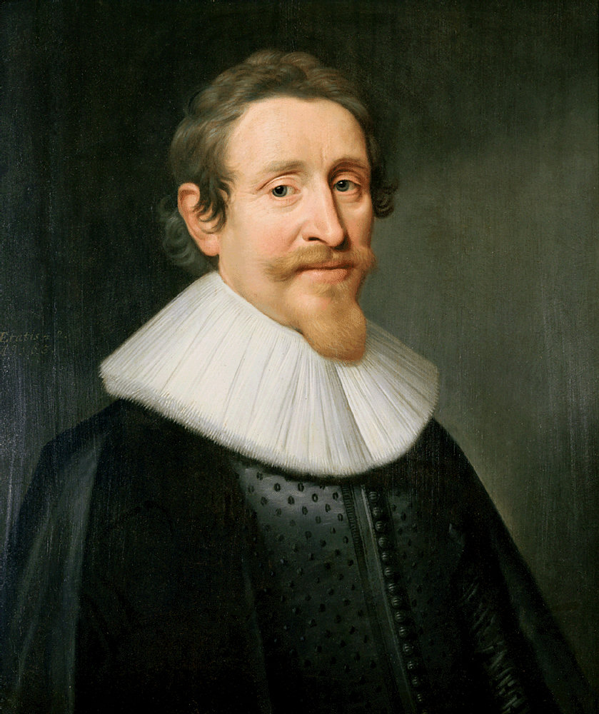 Oil portrait of a man with a pointed beard and moustache, wearing a dark doublet with a wide flat white lace collar