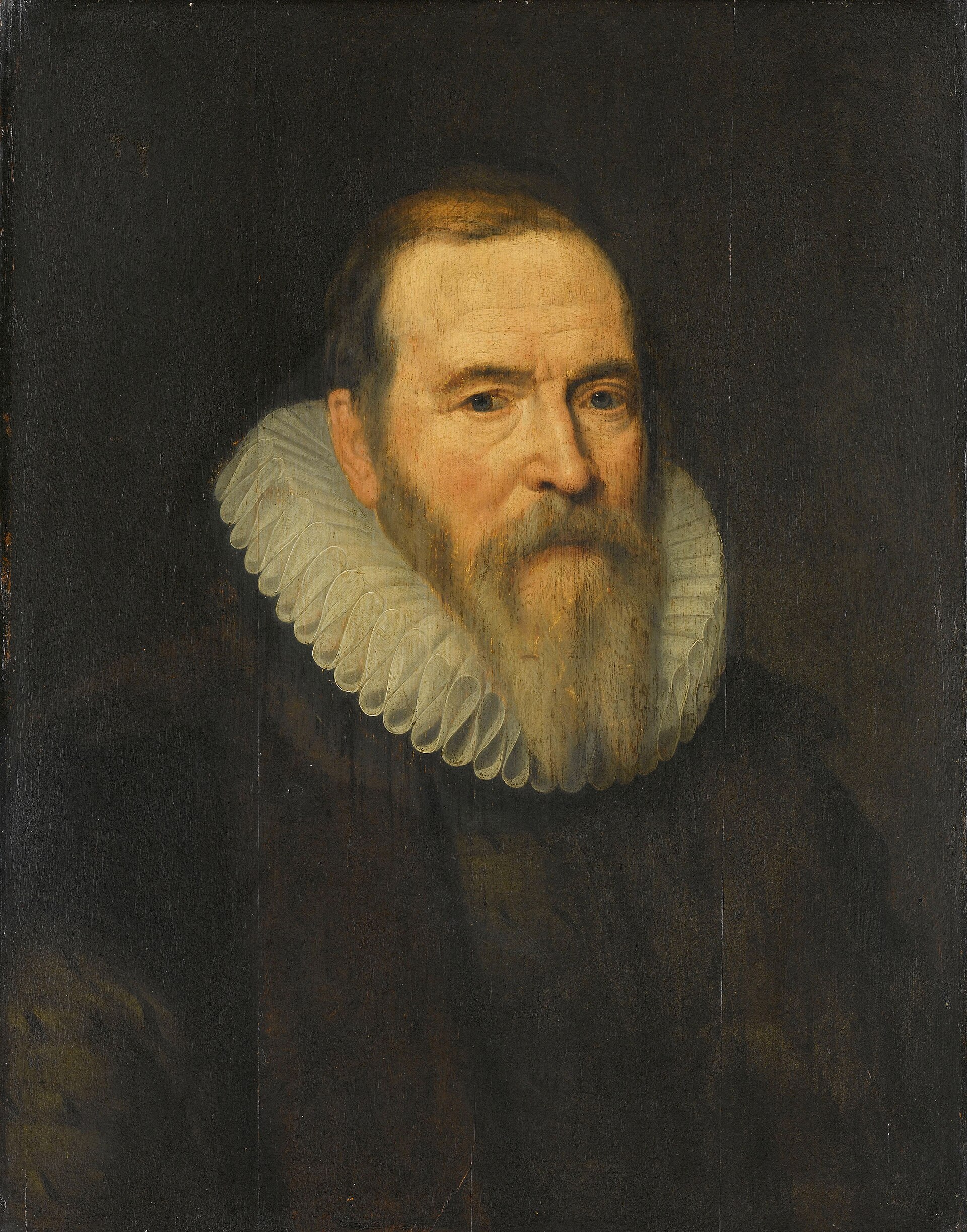 Oil portrait of an old man with a white beard, wearing a black skullcap, black robe with fur trim and a white ruff, holding a staff