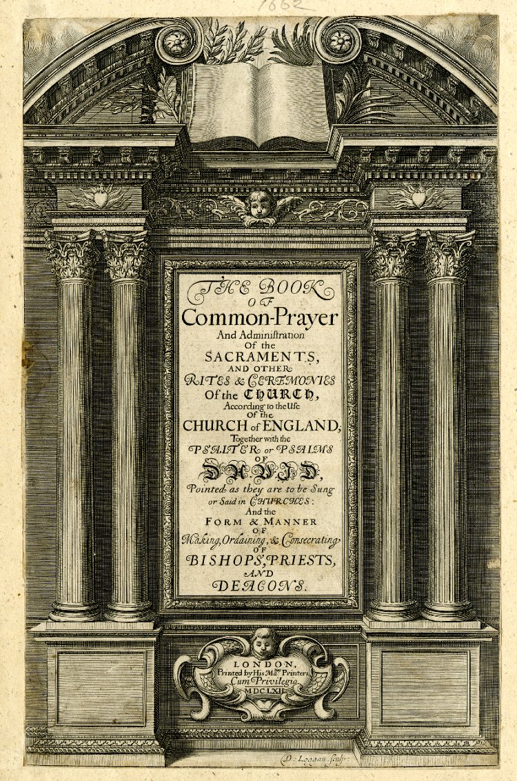 Printed title page of the Book of Common Prayer of 1662, with the title in large capitals above smaller lines of text naming the sacraments, the Psalter and the form of ordaining bishops, priests and deacons