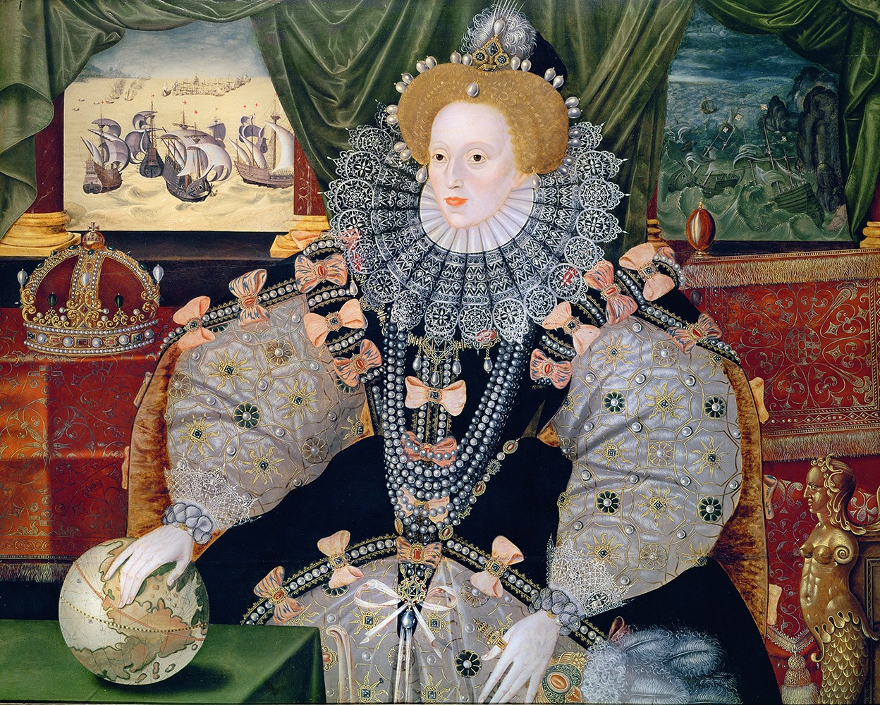 Painted portrait of Queen Elizabeth I in a richly jewelled gown with a wide lace ruff, her right hand resting on a globe, with two seascape scenes of ships behind her