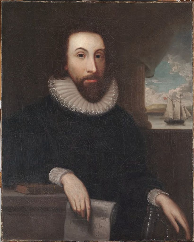Portrait of a bearded man in black clothing with a wide white ruff collar, painted in dark tones