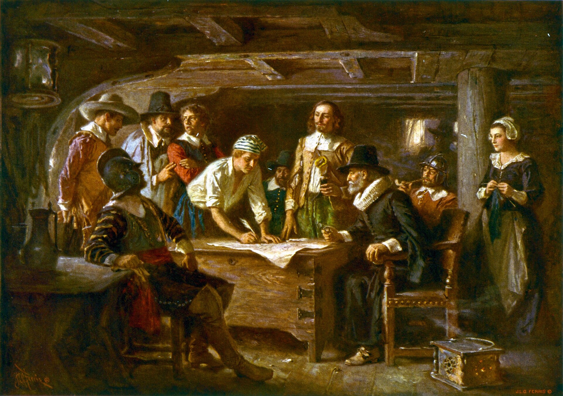 A painting of men in seventeenth century dress crowded into a ship's cabin, one man signing a document at a table while others watch, women and children in the background
