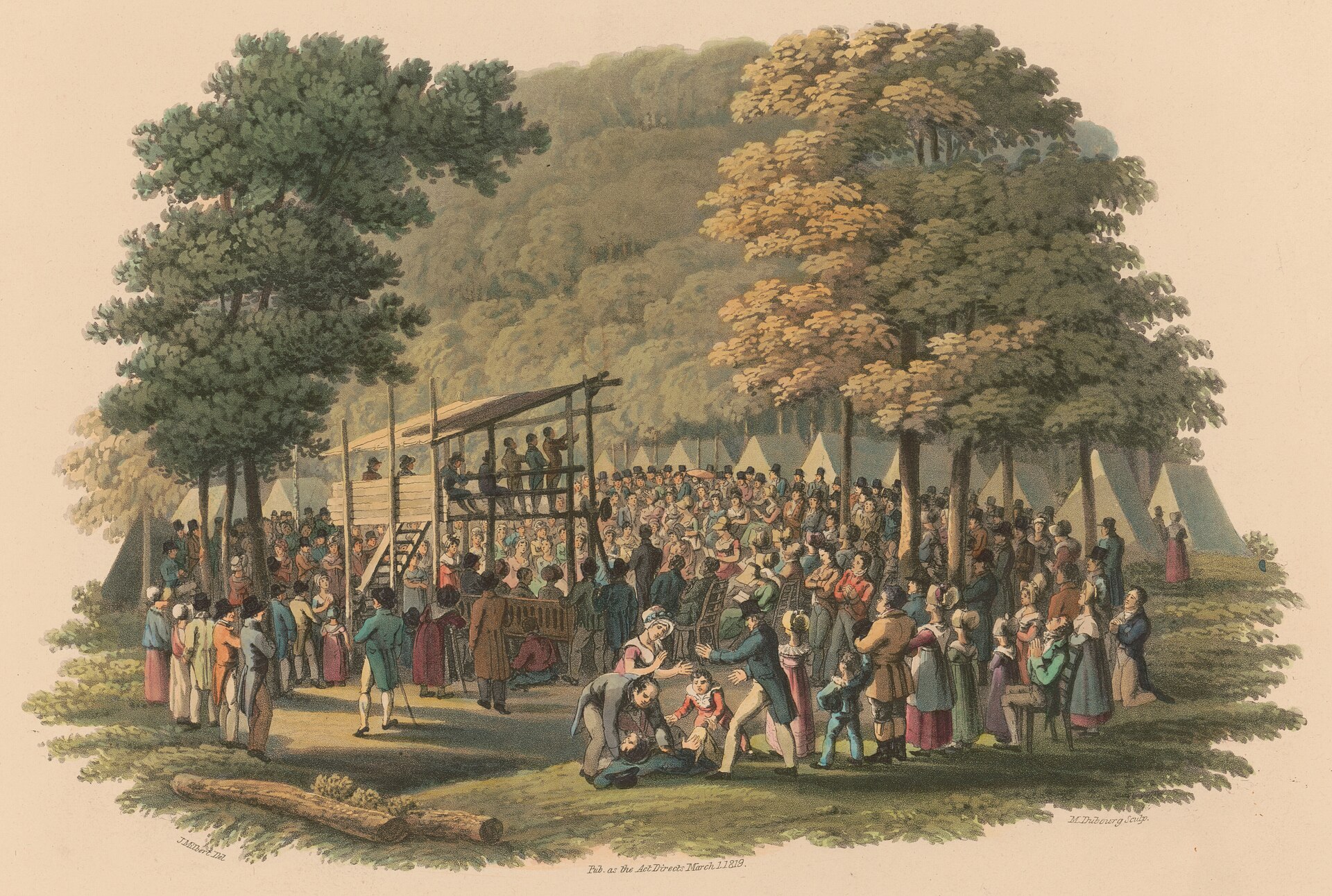 Hand-colored engraving of a crowd gathered in a forest clearing at night around a raised preaching stand, with tents and campfires among tall trees