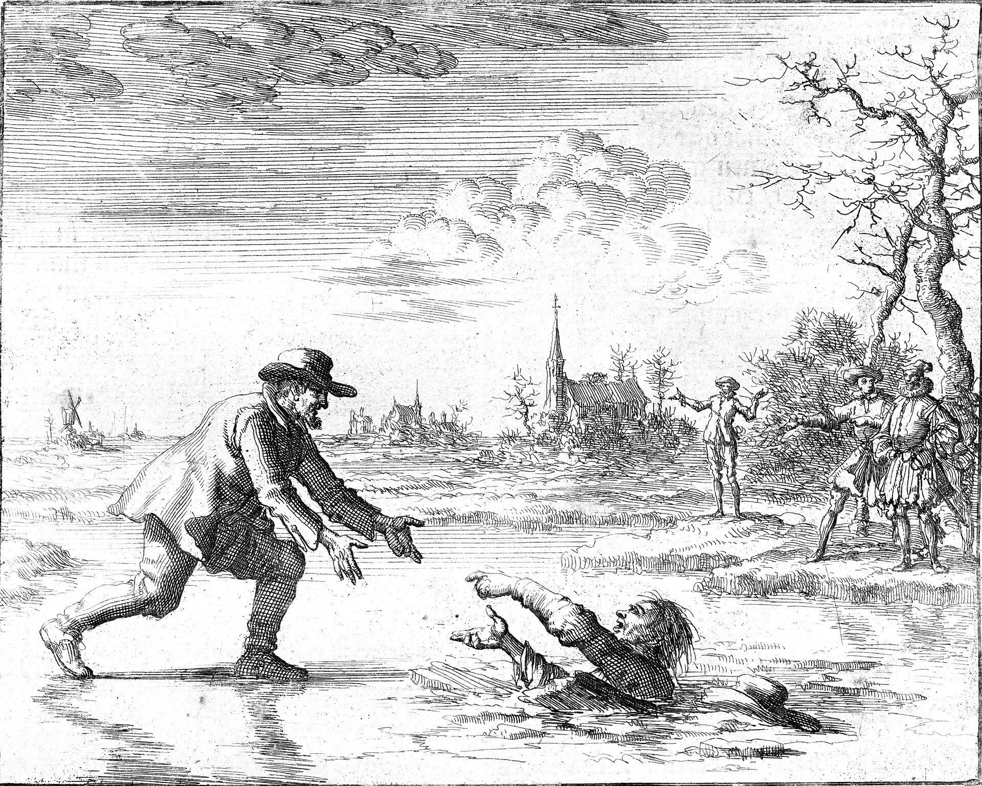 Black and white etching of a man on a frozen pond turning back to pull another man out of a hole in the ice, with a town and trees in the background