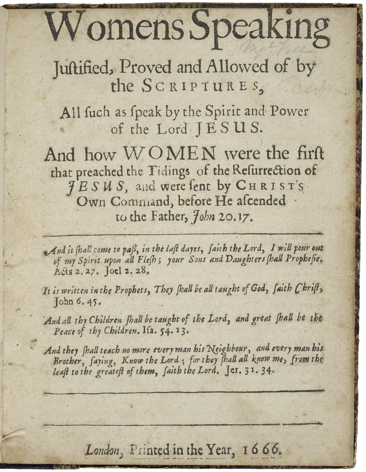 Printed title page in seventeenth-century type reading Womens Speaking Justified, Proved and Allowed of by the Scriptures, with a long subtitle and publication details at the bottom
