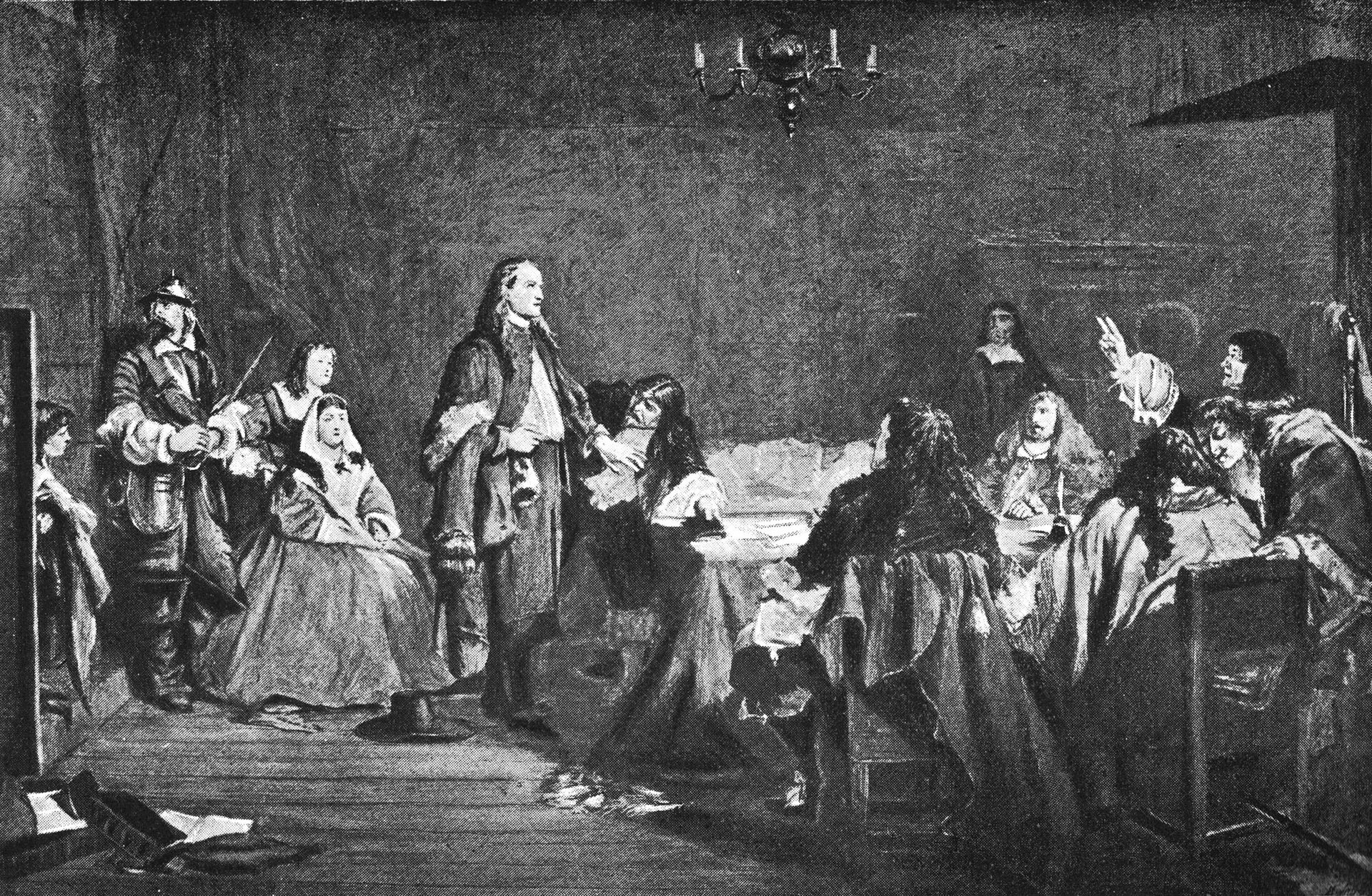 Painting of a hall with a group of seated and standing gentlemen in seventeenth-century dress; a man in a plain coat and hat stands before them, holding up his hand and refusing a book held out to him