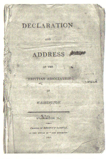 Printed title page reading Declaration and Address of the Christian Association of Washington, with small print beneath and a printer's line at the foot