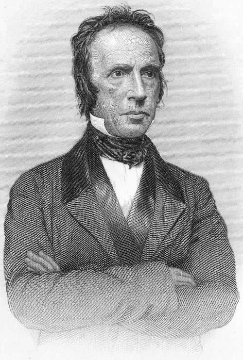 Engraved portrait of a man with dark hair, side whiskers and a high white collar, looking slightly to the left