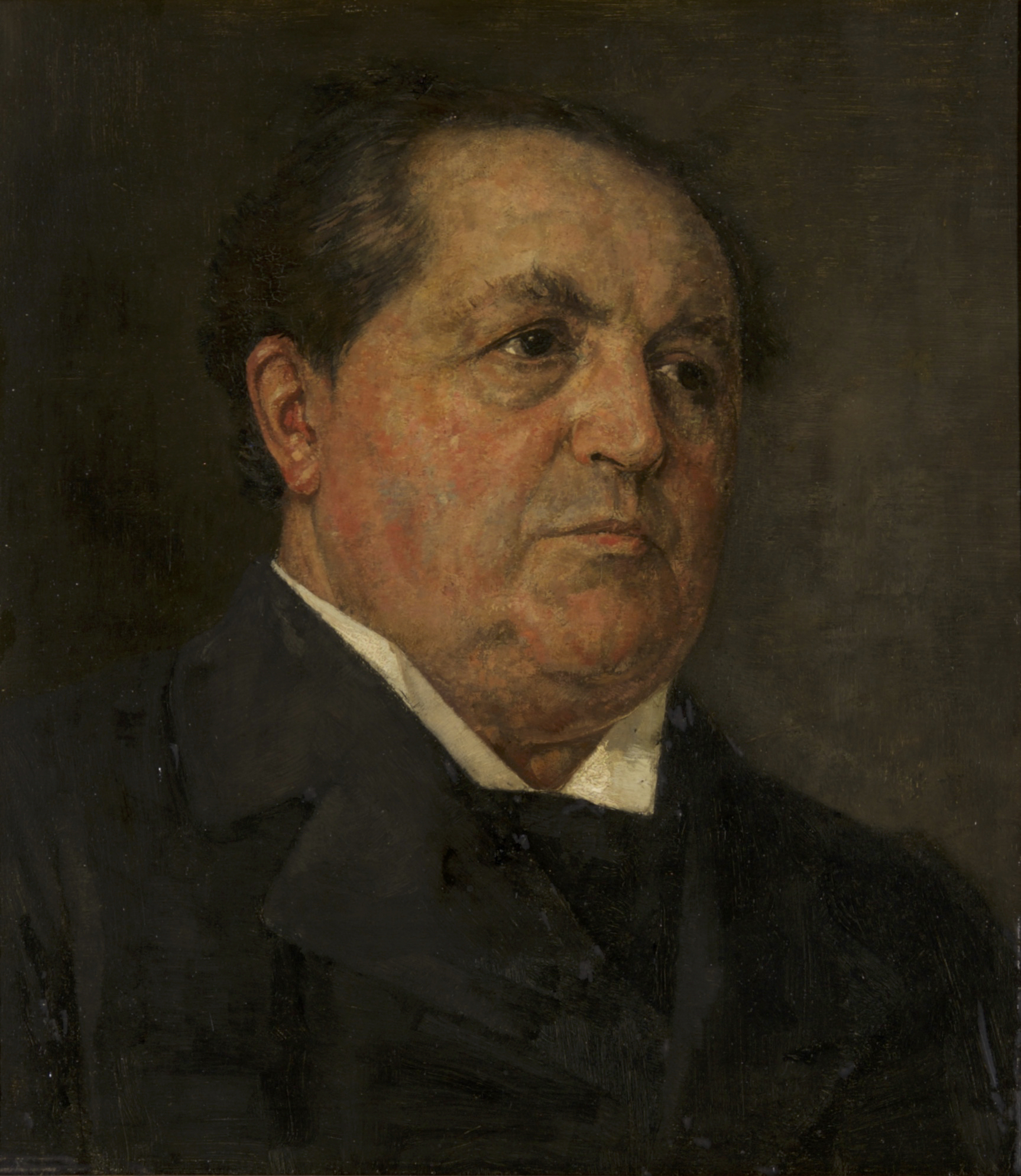 Painted half length portrait of a heavy set man with a thick moustache and short beard, wearing a dark suit, seated with his hands folded, against a plain dark background