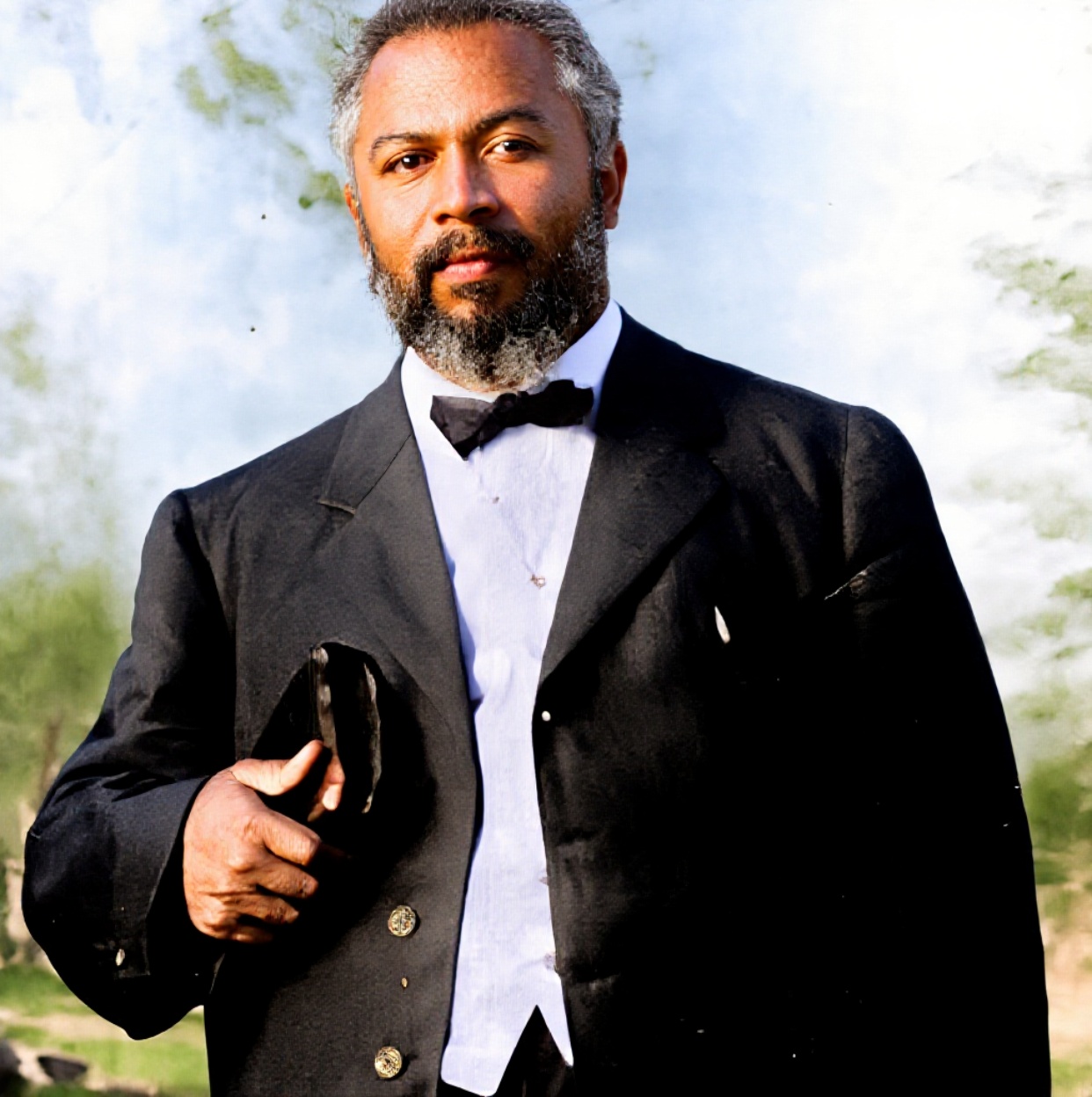 Head and shoulders photograph of William J. Seymour, a Black man with a full beard, wearing a dark suit and tie, in a restored and colorized version