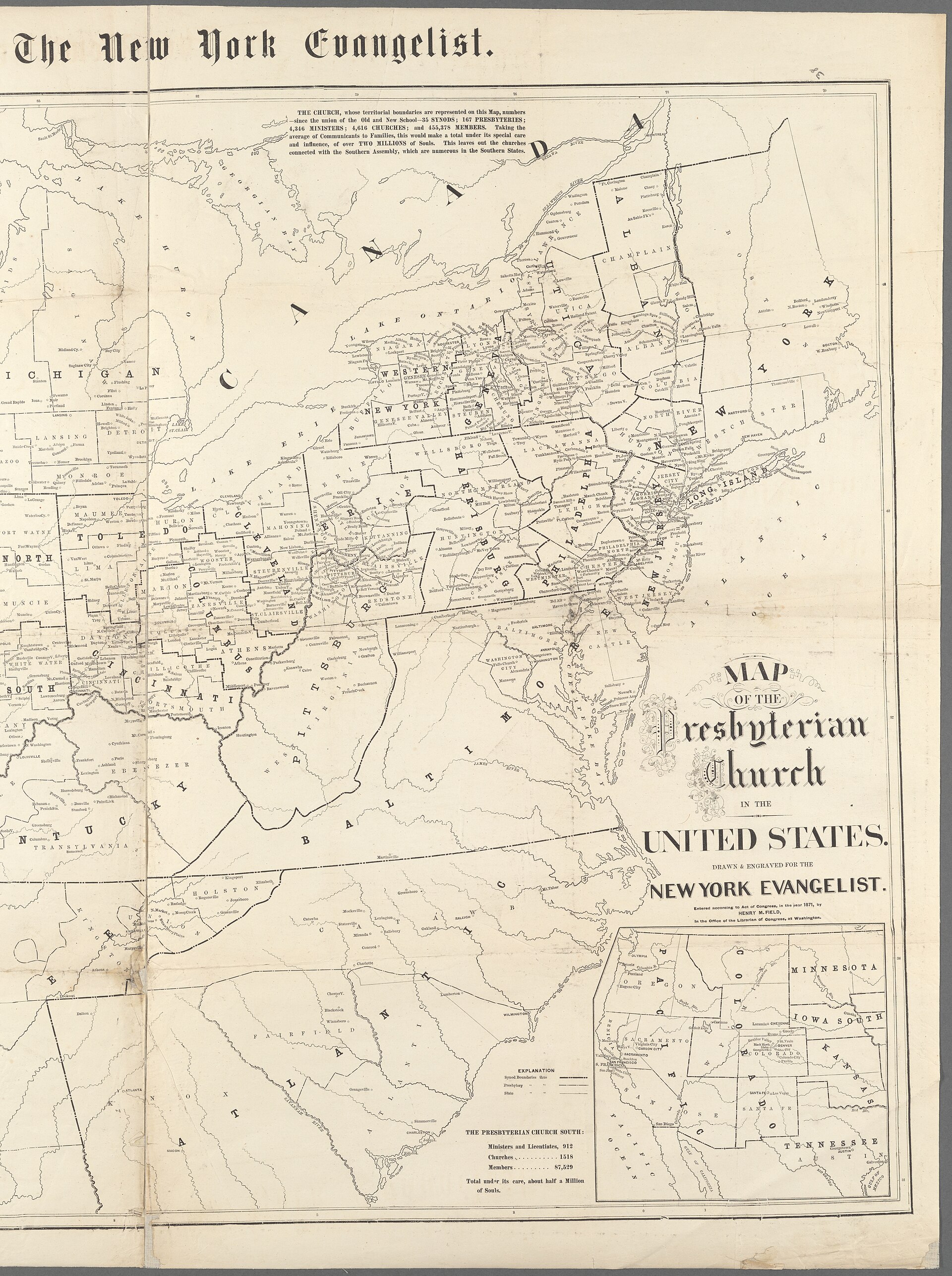 A large nineteenth-century map of the eastern and central United States with church locations and tables of statistics printed around the edges