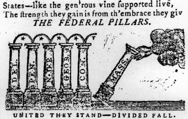 Woodcut of five tall columns joined by an arch, each marked with a State abbreviation, and a sixth column being raised by a hand reaching from the clouds
