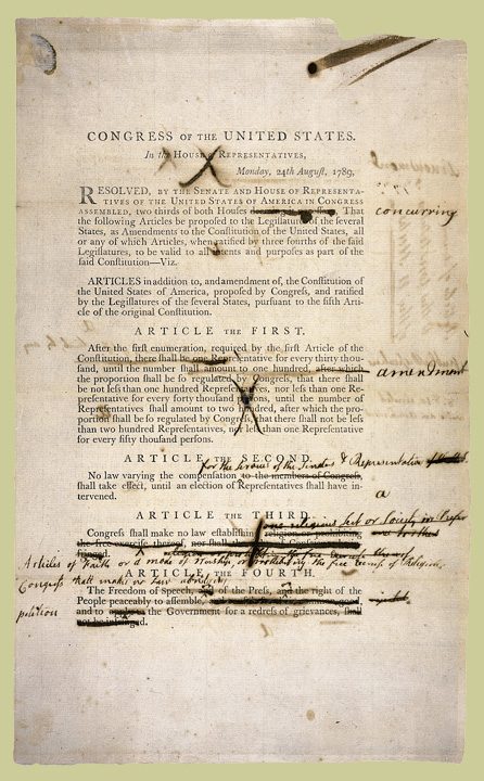 Printed 1789 House resolution listing proposed amendments to the Constitution, with handwritten marks