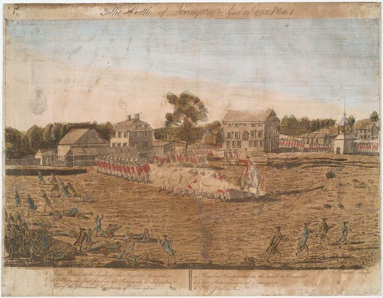 Hand-colored 1775 engraving of the fighting at Lexington between British troops and colonial militia