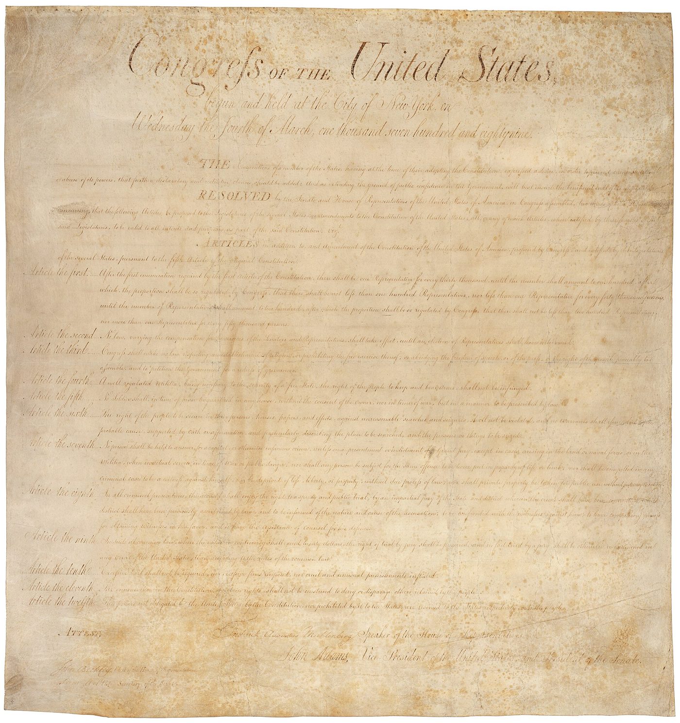 The handwritten joint resolution of the First Congress proposing twelve amendments to the Constitution