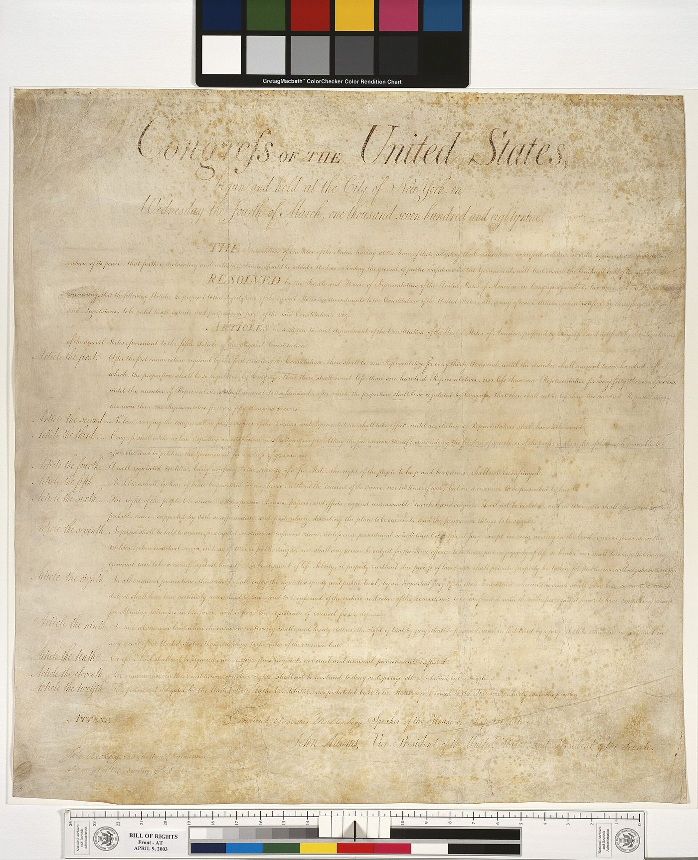 The engrossed parchment joint resolution of 1789 proposing twelve amendments to the Constitution