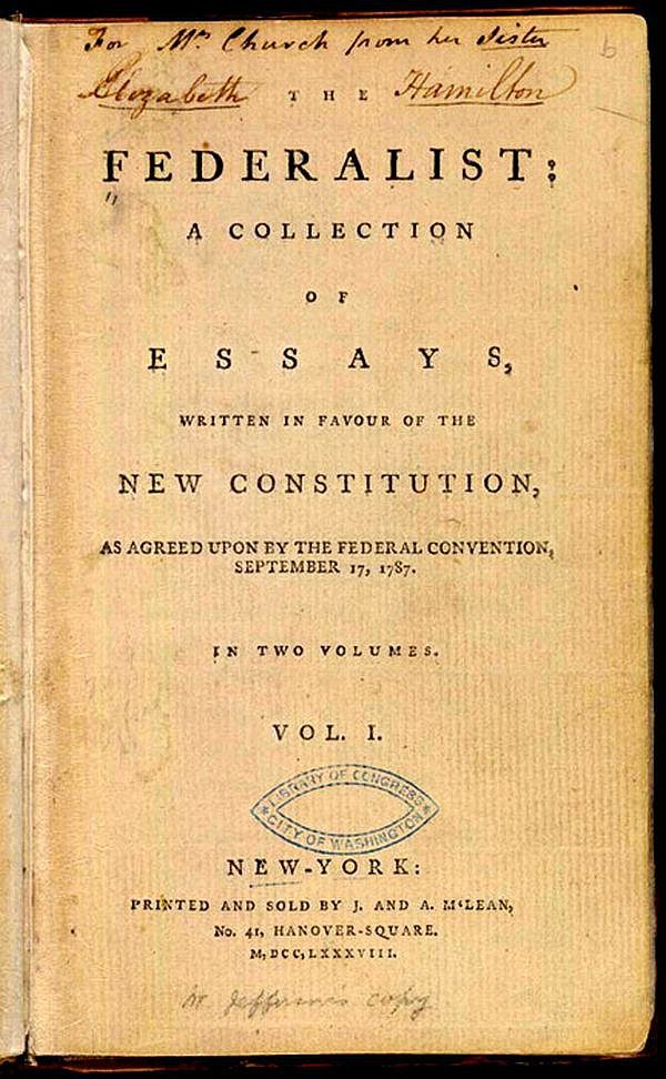 Title page of the first edition of The Federalist, printed in New York in 1788