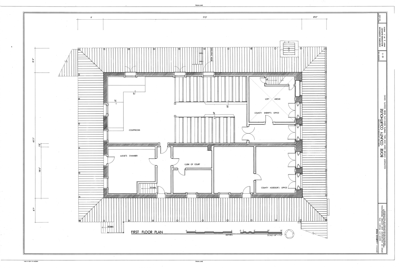 Architectural floor plan with rooms labeled clerk of court, county sheriff's office, county assessor's office and judge's chamber