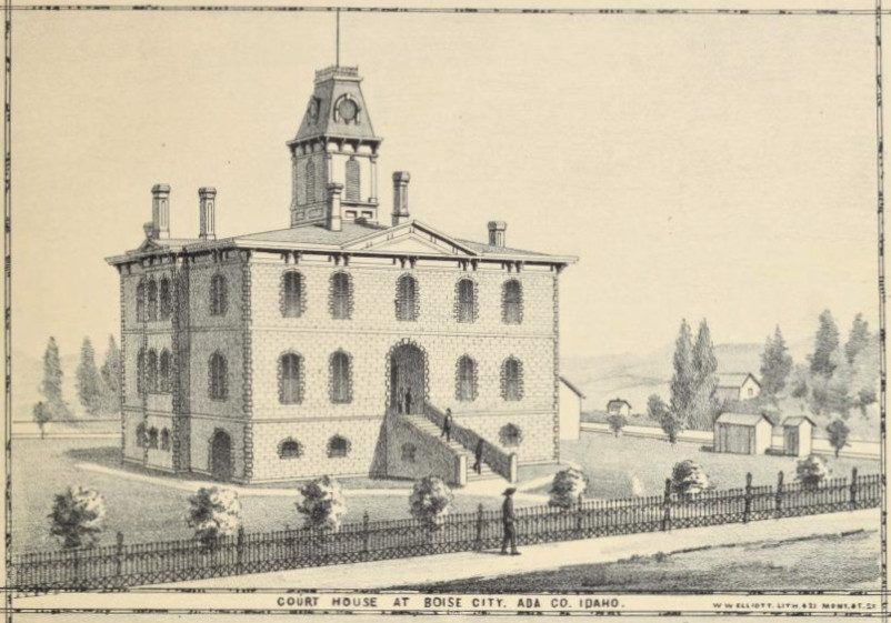 Engraving of a two-story stone courthouse with a cupola, front stairs and an iron fence
