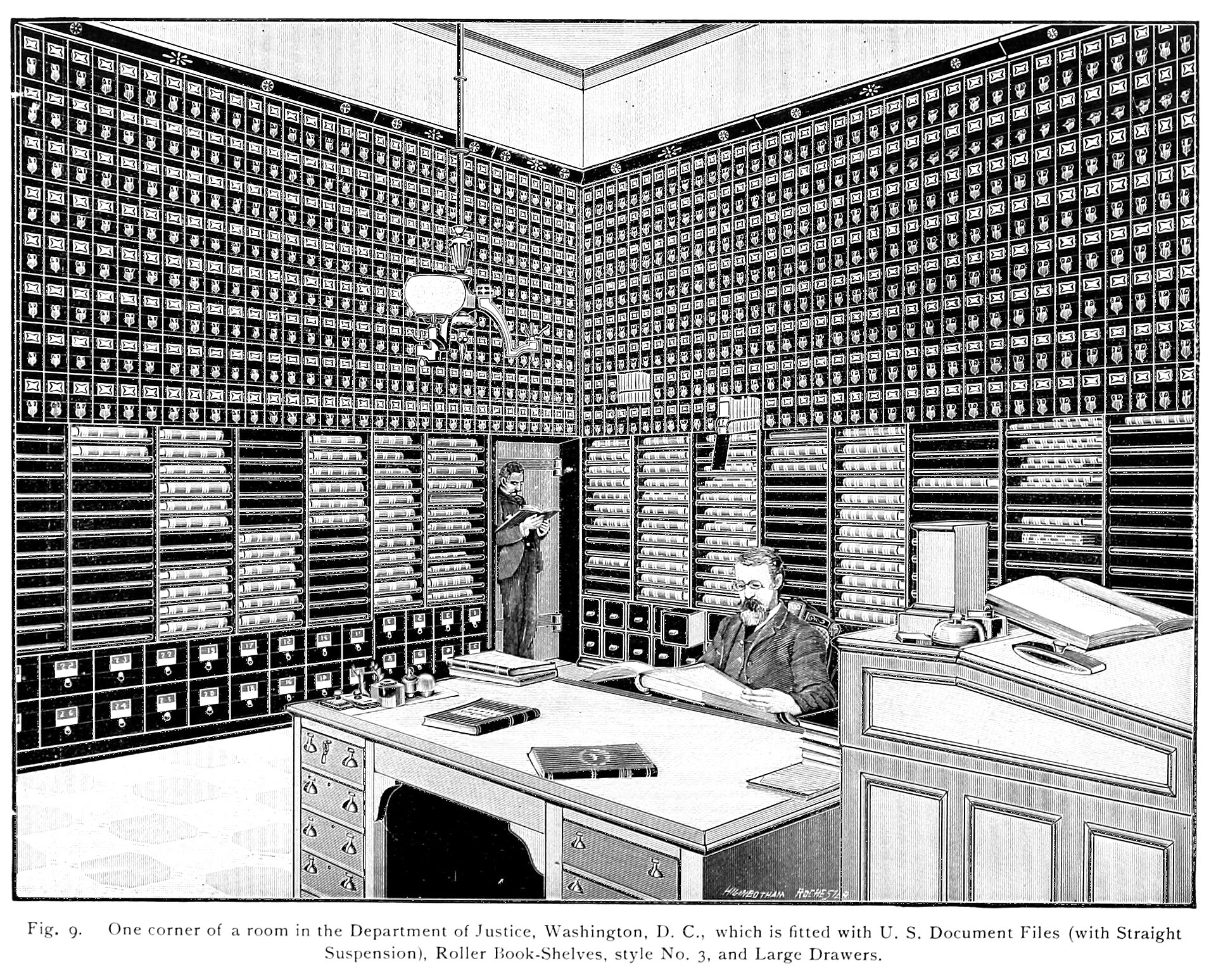 A room at the U.S. Department of Justice in 1892 filled with shelves and stacks of paper files.
