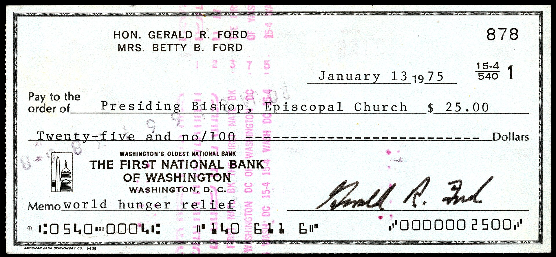 A personal bank check signed by Gerald Ford while he was President of the United States, from the National Museum of American History