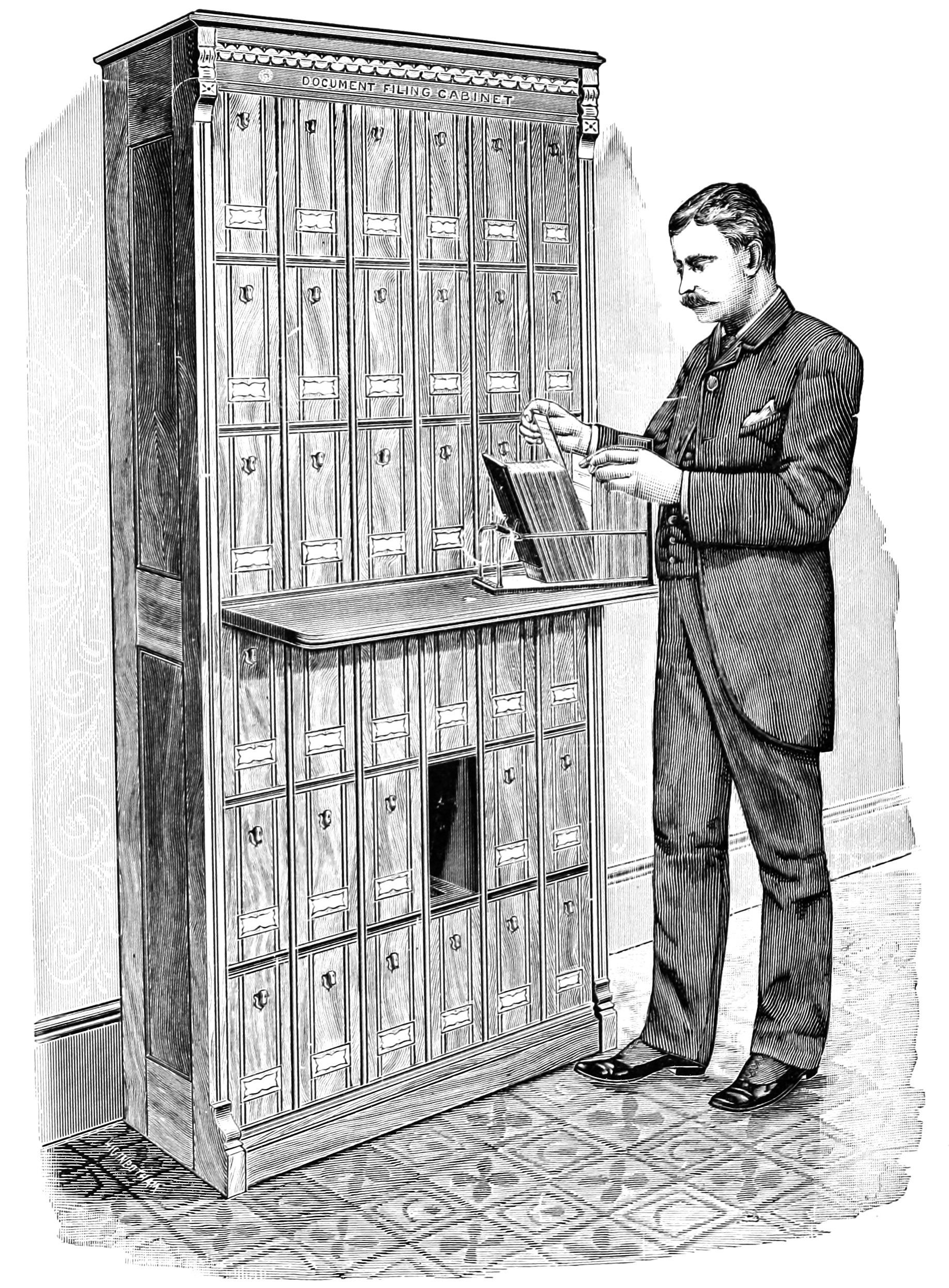 An 1892 catalog illustration of a tall wooden United States document cabinet with thirty-six file drawers and a sliding shelf in the center, with a man taking out a file.