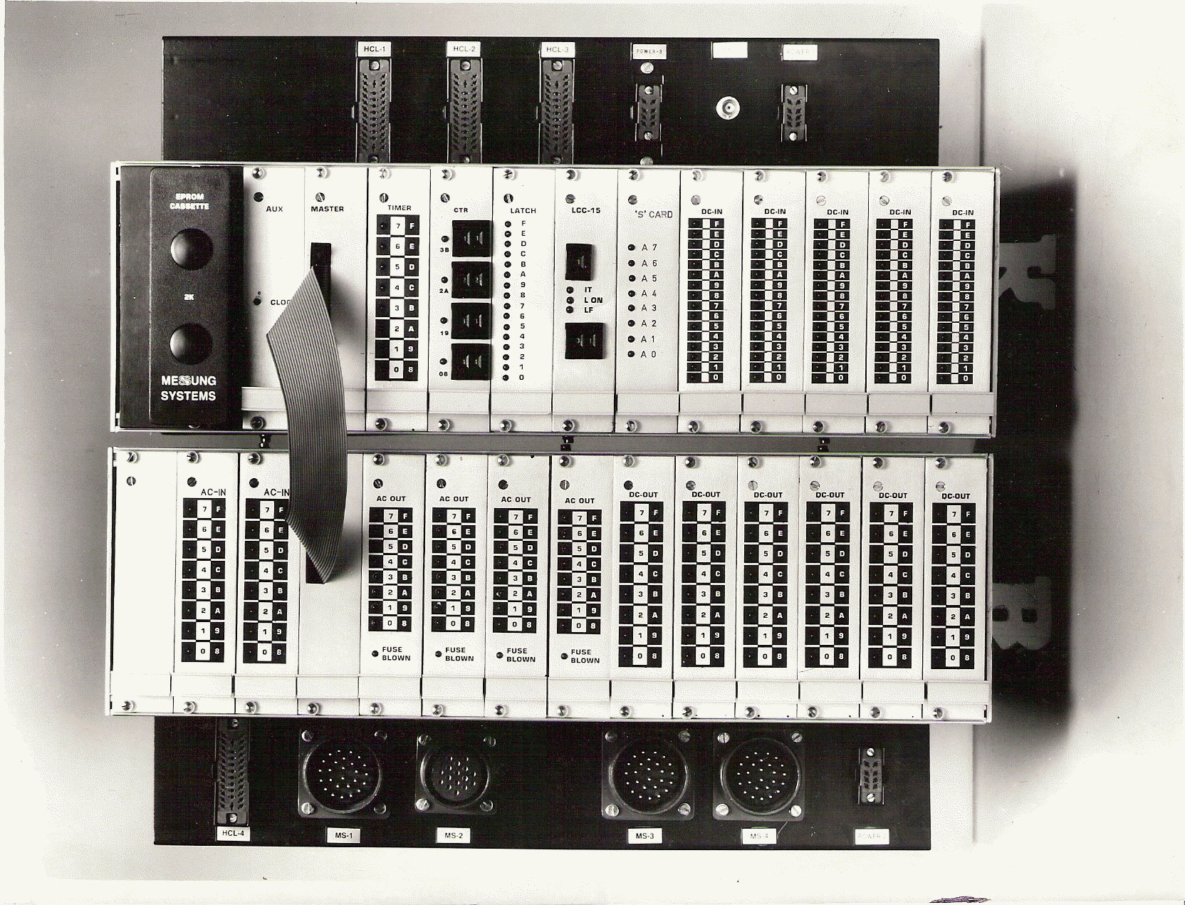 A double rack of Meprolog H-PLC programmable logic controller modules